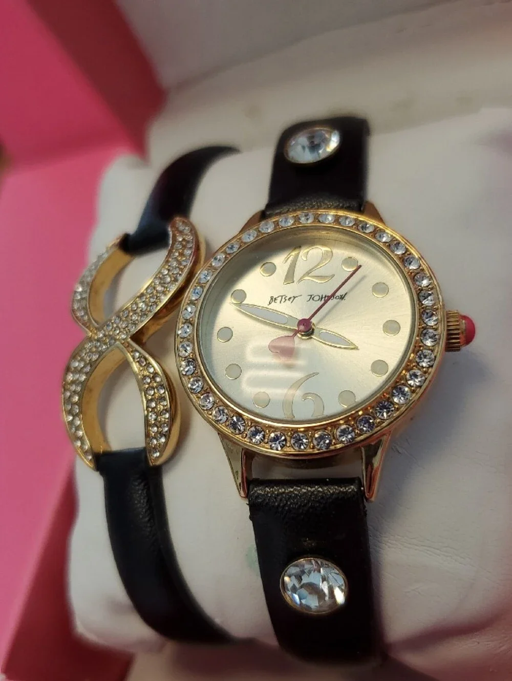 Betsey Johnson Black Strap Watch and Crystal-Accent Bracelet Set